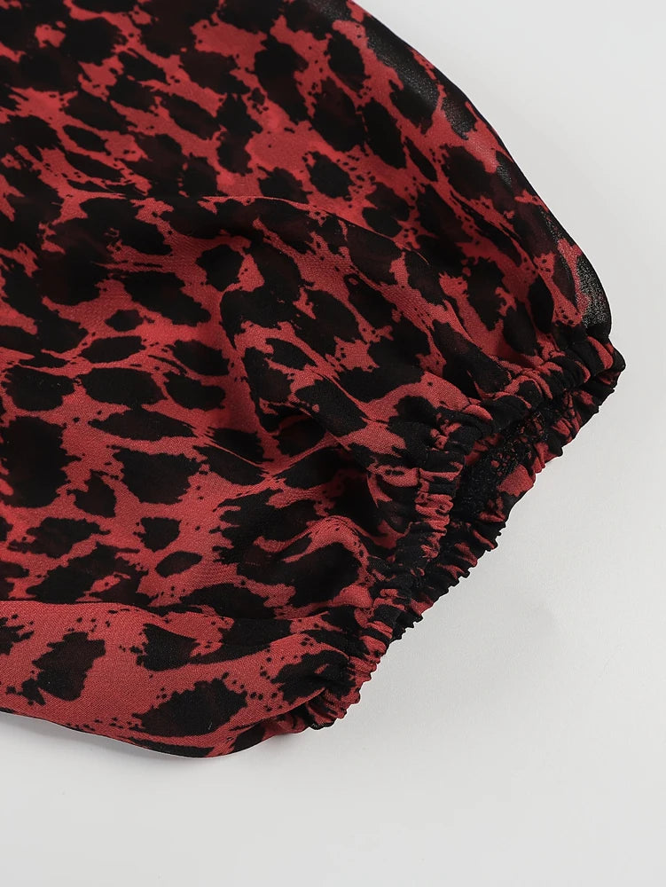 Plus Size 2025 Spring Summer New Women's Sheer Jaguar Printed Double Layers Long Sleeve Dress Polyester Material