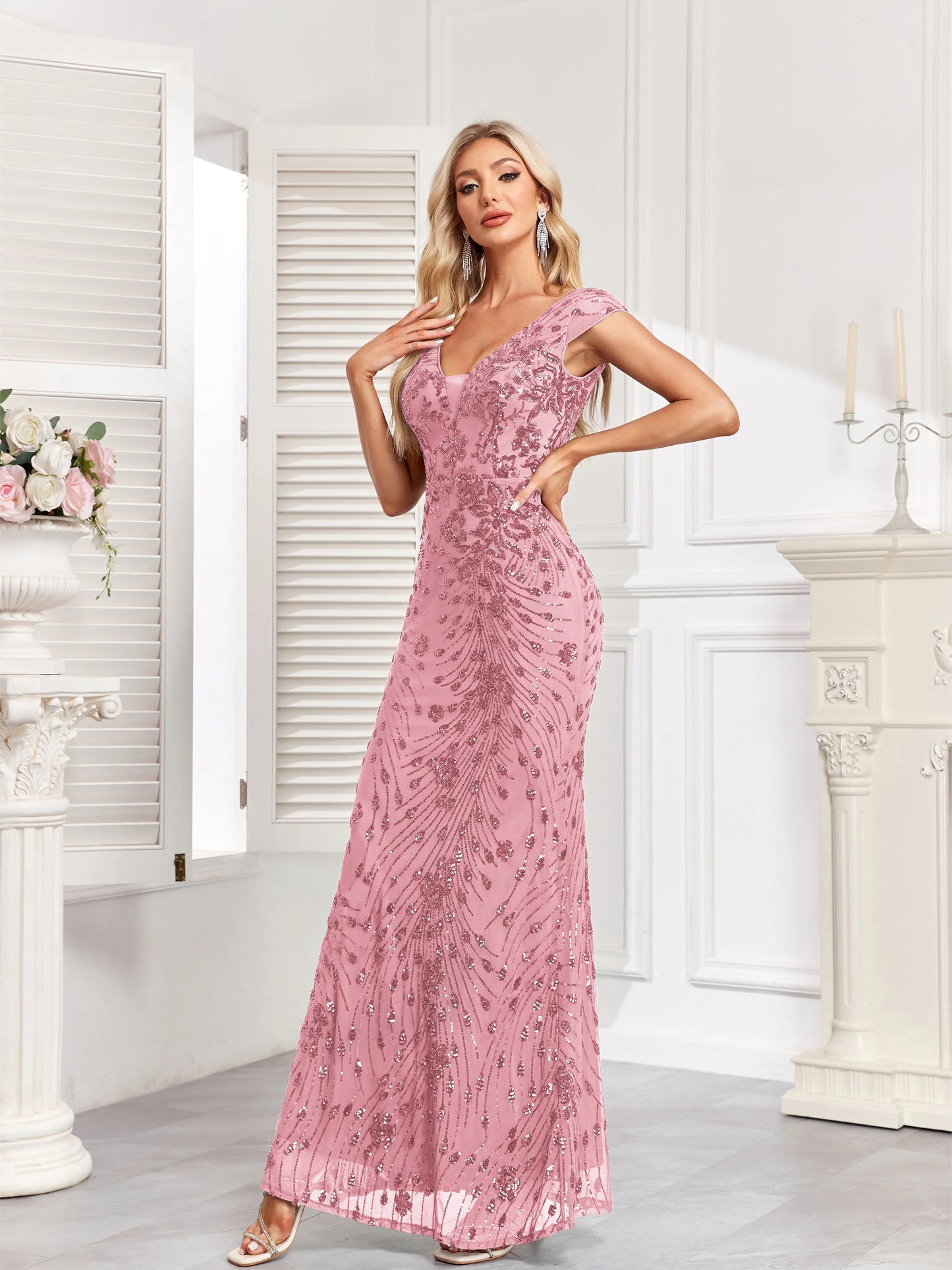 XUIBOL Elegant Champagne Sequin Evening Dress 2024 Women Long Mermaid Formal Deep V-neck Prom Luxury Wedding Party Gowns Dresses