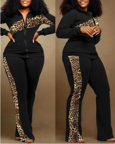 Two Piece Set Women Outfit 2023 Autumn Fashion Geometric Print Stand Collar Long Sleeve Zip Up Top & Casual Sporty Pants Set