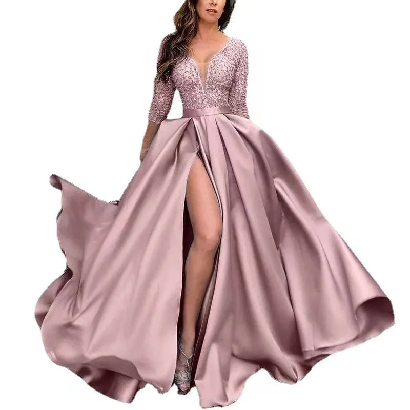 Women's Dress Spring Sexy Slim Lace Stitching Split Dress Women's Fashion Long Sleeve V-neck High Waist Party Formal Dress