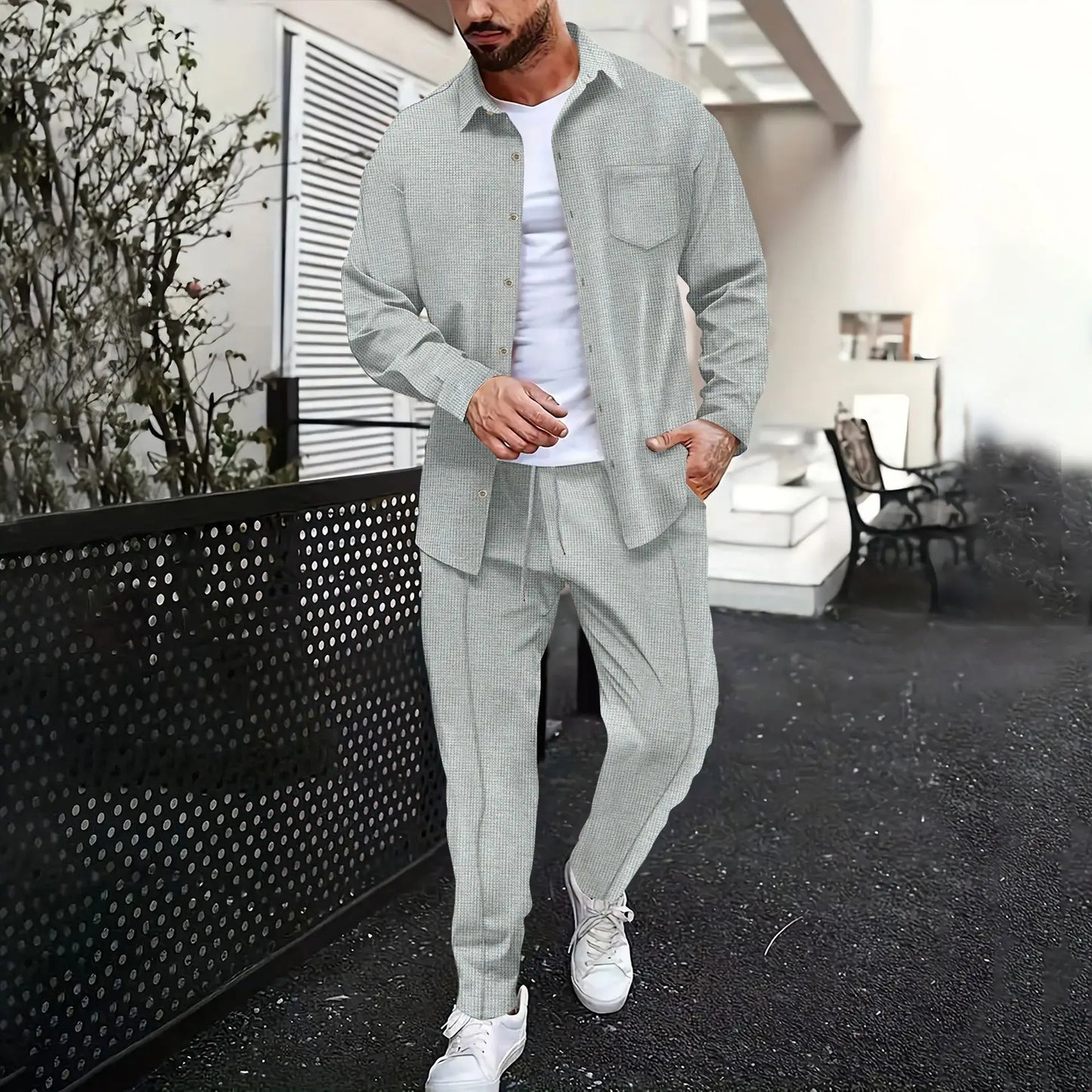 Spring and Autumn men waffle solid color two-piece new trend lapel long-sleeved shirt and trousers casual outdoor sports suit