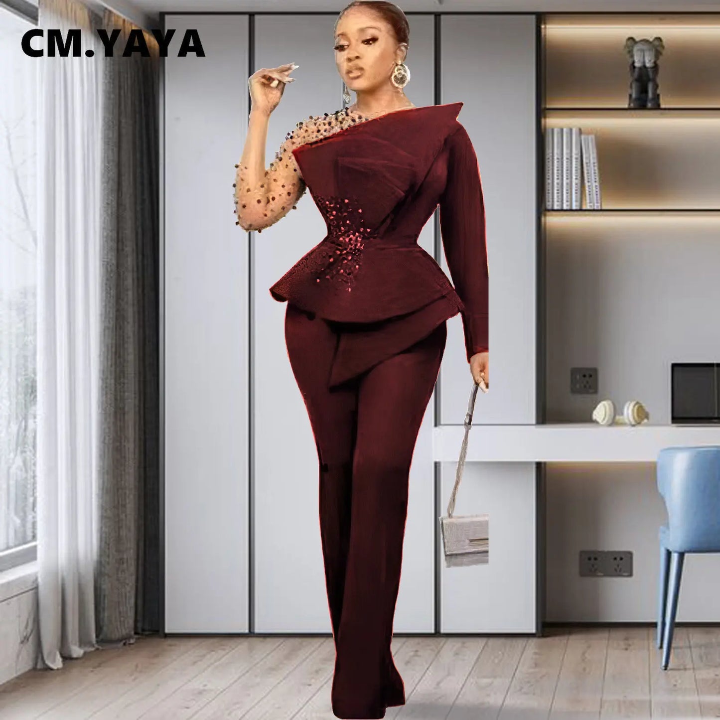 CM.YAYA Vintage Women Beading Mesh Patchwork Ruffles Fan-shaped Blazer Tops and Pants Suit Two 2 Piece Set Outfits Tracksuit