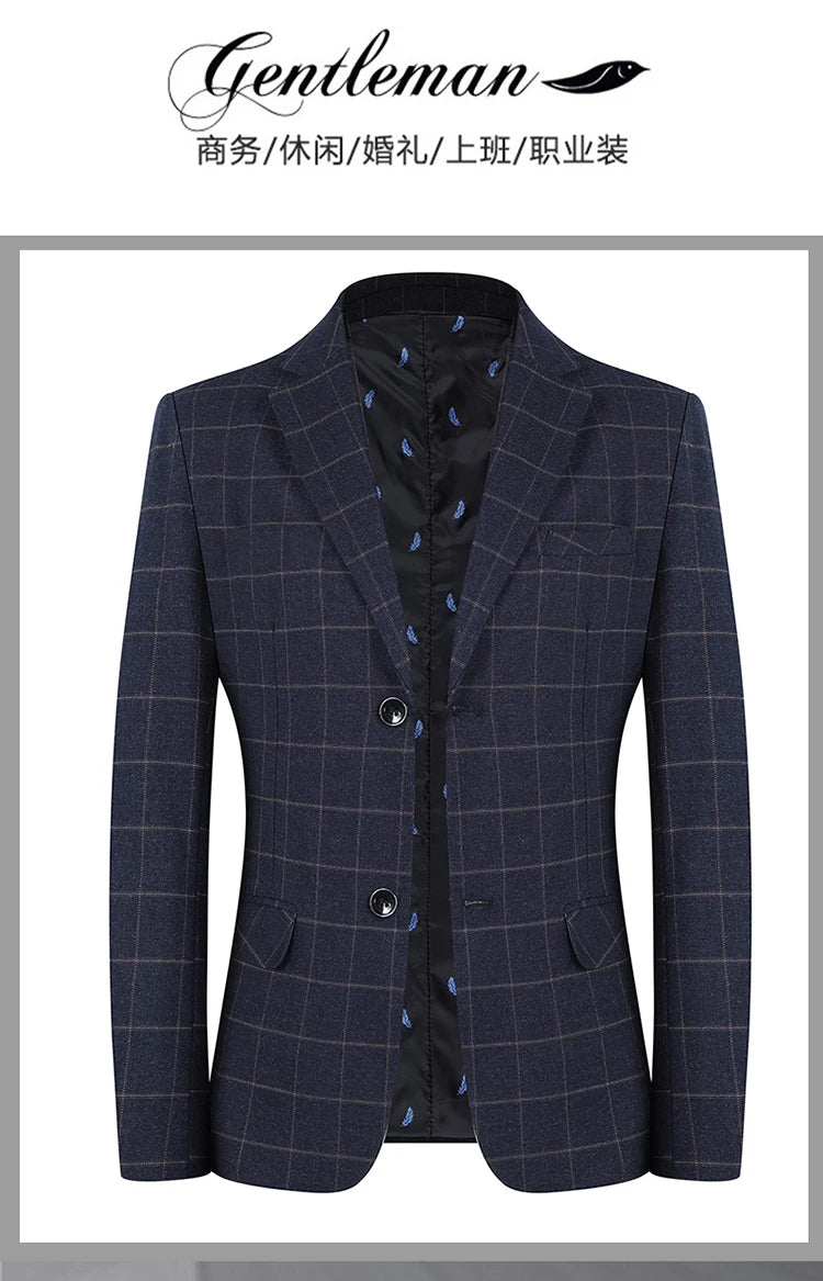 2024 New Spring and Autumn Coat Middle-aged Slim Fashion Handsome All Matching Plaid Suit Men Casual Polyester Blazer Mujer