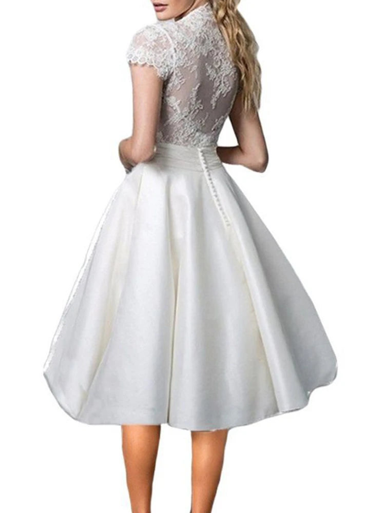 Spring Summer White Dresses For Women Fashion Lace Patchwork V Neck Party A Line Dress Elegant Formal Evening Dresses