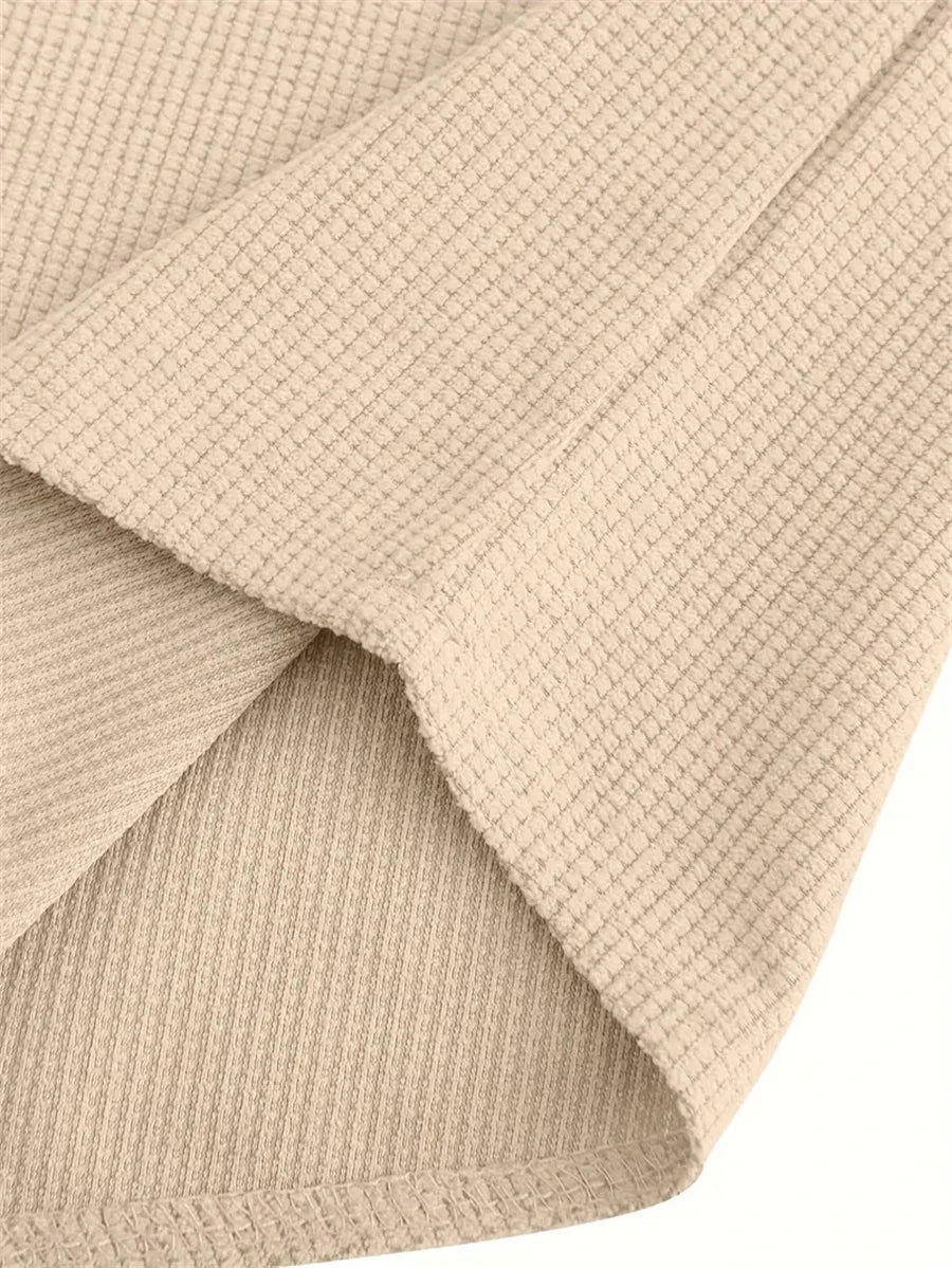 Men's Spring Shirts Solid Color Casual Henry Neck Long Sleeve Outdoor Simple Male Waffle top Thin Button Tops
