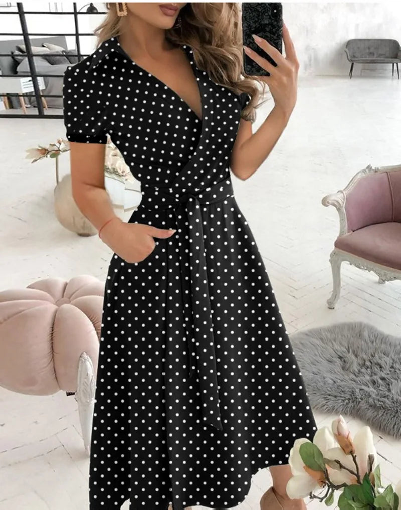 Women's New Short Sleeve Dress Spring Summer Fashion V-neck Printed Bag Hip Dress for Women Temperament Personality Wear