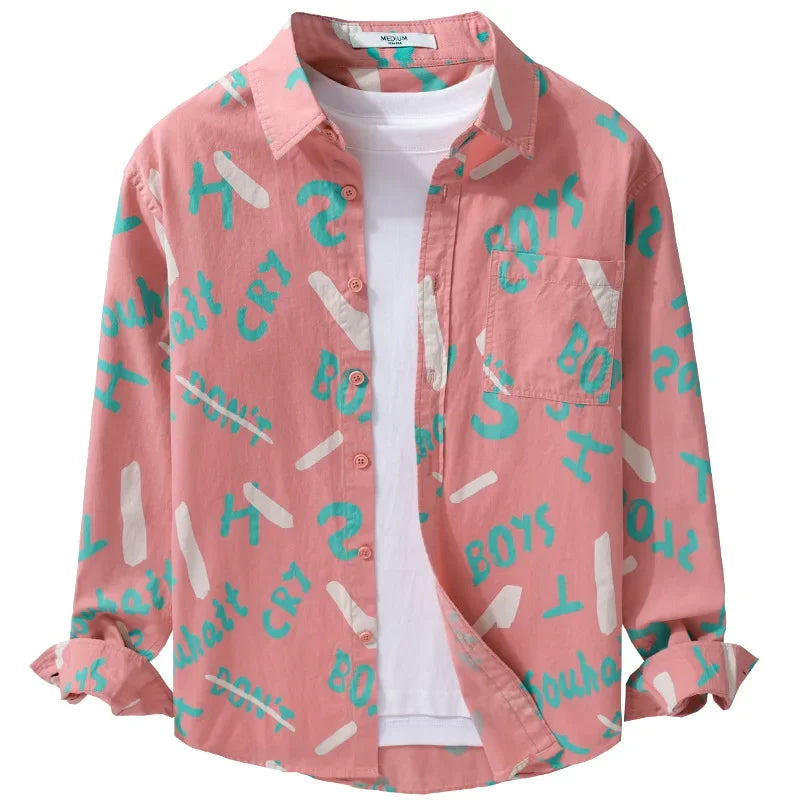 Spring Autumn Men's Clothing Design Sense Simple Long Sleeve Letter Printed Shirt Trendy Casual Fashion Versatile Men's Blouse