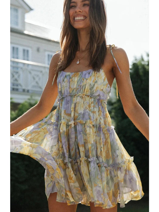 Spring Summer Print Floral Dress for Women Chiffon Strapless Sleeve Backless Ruffles Mini Dress Chic Lady Beach Vacation 2025 Fa