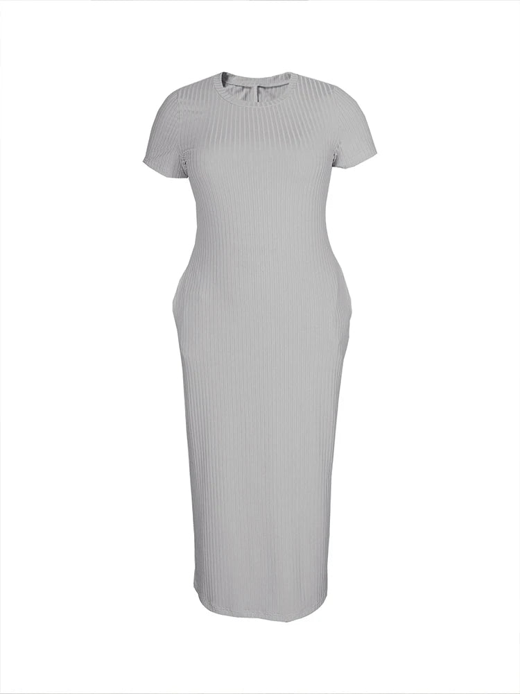Plus Size 2024 Summer New Round Neck Short Sleeve Slim Hottie Ladies' Stylish Summer Solid Versatile Bodycon Dress