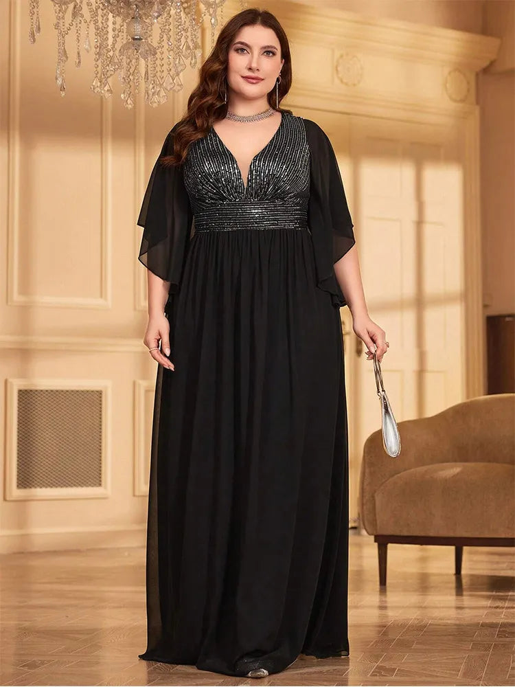 Plus Size V-Neck Black Short-Sleeved Chiffon Summer Evening Dress Bigsize Black Chiffon Floor-Length Bridesmaid Evening Dress