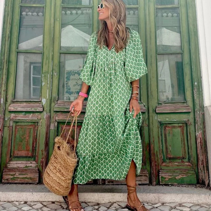 Spring Summer Loose Maxi Dresses Bohemian Floral Print Puff Sleeve V-Neck 2025 New Beach Dress Bodycon Casual Boho Vestidos Robe