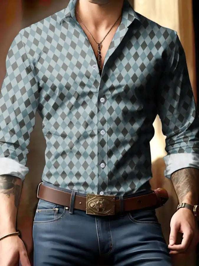 Men's shirt regular lapel shirt men's 3d printing triangle geometric printing casual street long sleeve fashion printed shirt