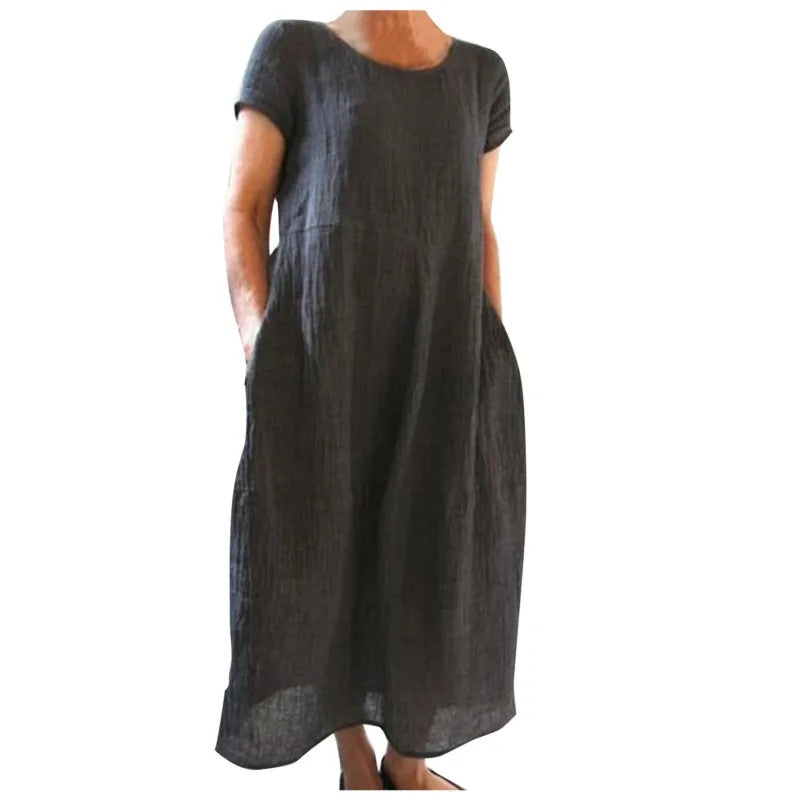 Spring Summer Woman Long Dress Office Lady Fshion Casual Loose Solid O-neck Short Sleeve Dresses For Women 2024 Female Robe