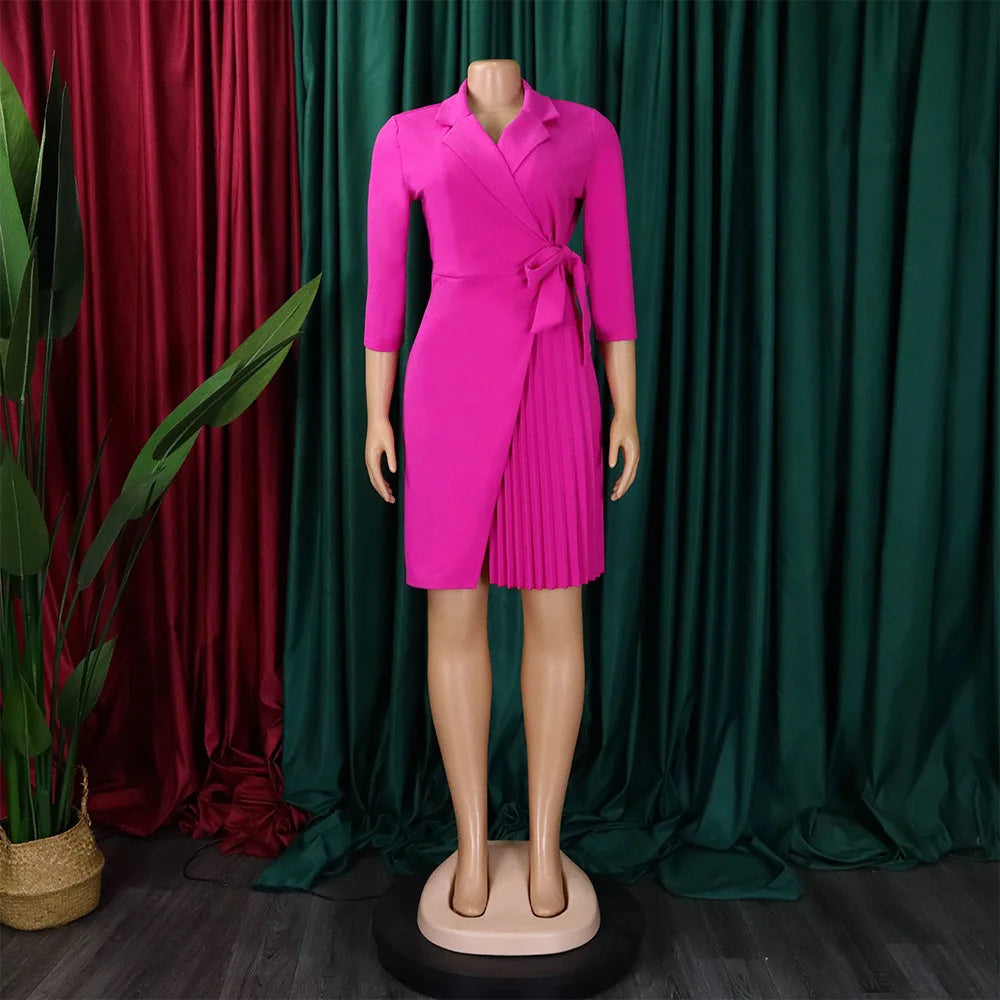 FairyShely 2025 Summer Solid Plus Size Folds Dress Women Long Sleeve Large Big Dresses Lady Belt Party Tight Curvy Short Dress