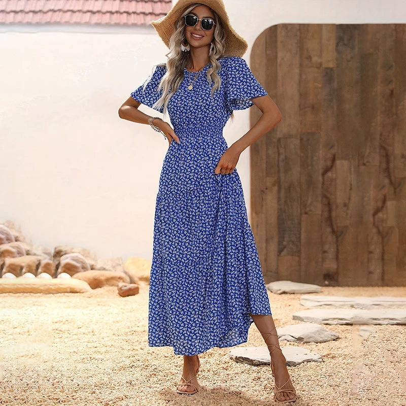 Spring Summer Tierred Dress Women Midi Dresses Female Short Sleeve Elastic Waist Printed Floral Pleated Backless Casual Dress