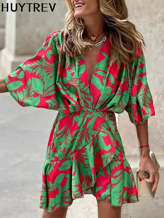 spring Irregular Mini Dress For Women Fashion Print Casual Bohemia Style Vacation Sundress Women's Bat Sleeve Ruffles Dresses