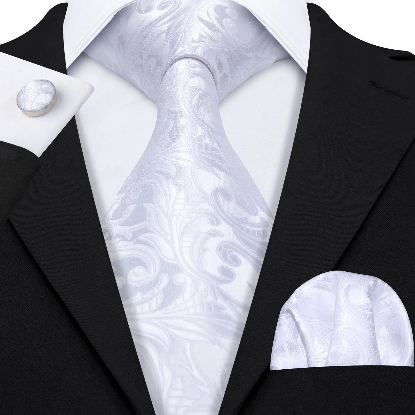 Barry.Wang Black White Gray Silver Silk Men Tie Handkerchief Cufflinks Set Jacquard Necktie for Male Wedding Business Party Gift