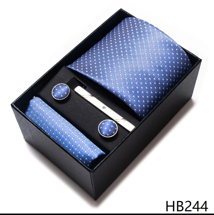 Tie Handkerchief Cufflink Set For Men Necktie Holiday Gift Box Blue Gold Suit Accessories Slim Wedding Gravatas