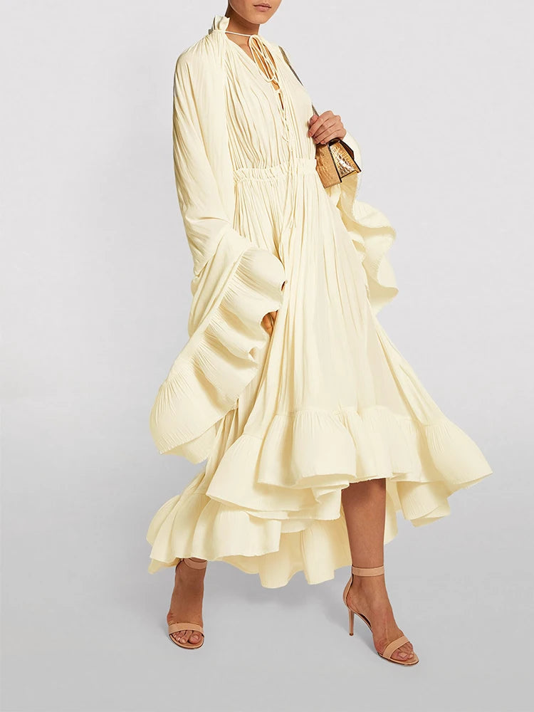 TWOTWINSTYLE Elegant Solid Dresses For Women V Neck Cloak Sleeves High Waist Spliced Lace Up Ruffles Pleated Dress Female Summer