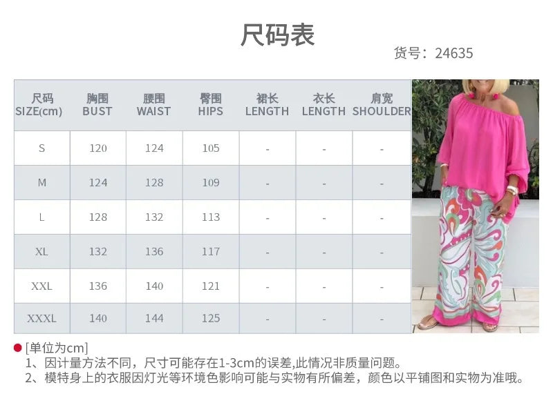 Casual 2-piece Suit Set Women's Sexy Off-shoulder Shirt Blouse Top + Printed Wide-leg Pants Two-piece Suit Spring Autumn 2023