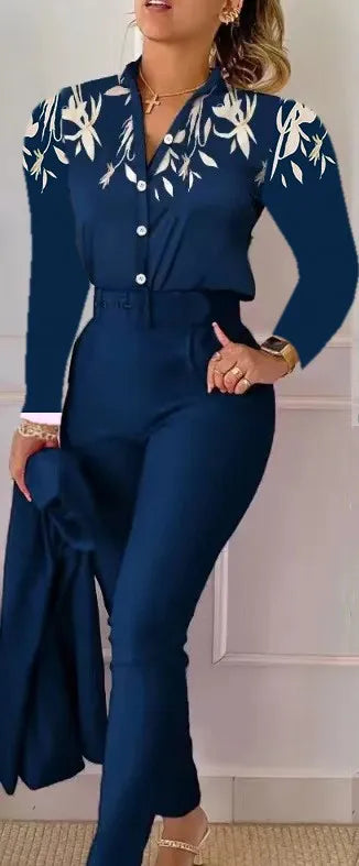 Women's Elegant Autumn/Winter Printed V-Neck Long Sleeve Button Shirt Top Fashion Solid Color Long Pants 2 Piece Set With Belt