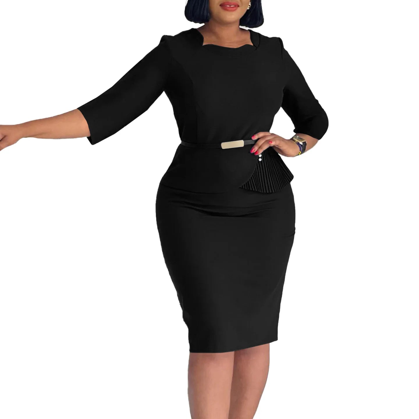L-3XL Plus Size Elegant Midi Dress 2025 Spring Summer Women Office Lady Dress Casual 3/4 Sleeve Bandage Robe Oversize Dress