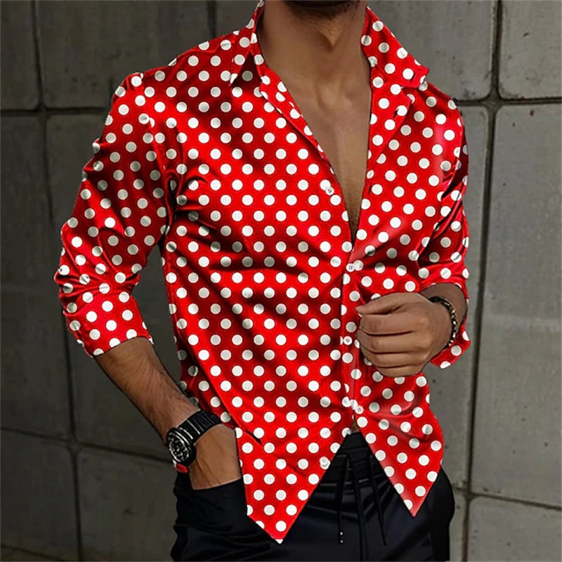 2024 Fashion Men's Elegant Shirt Spotted 3D Printed Lapel Button Up Classic Long Sleeve Shirt Temperament Men's Partywear
