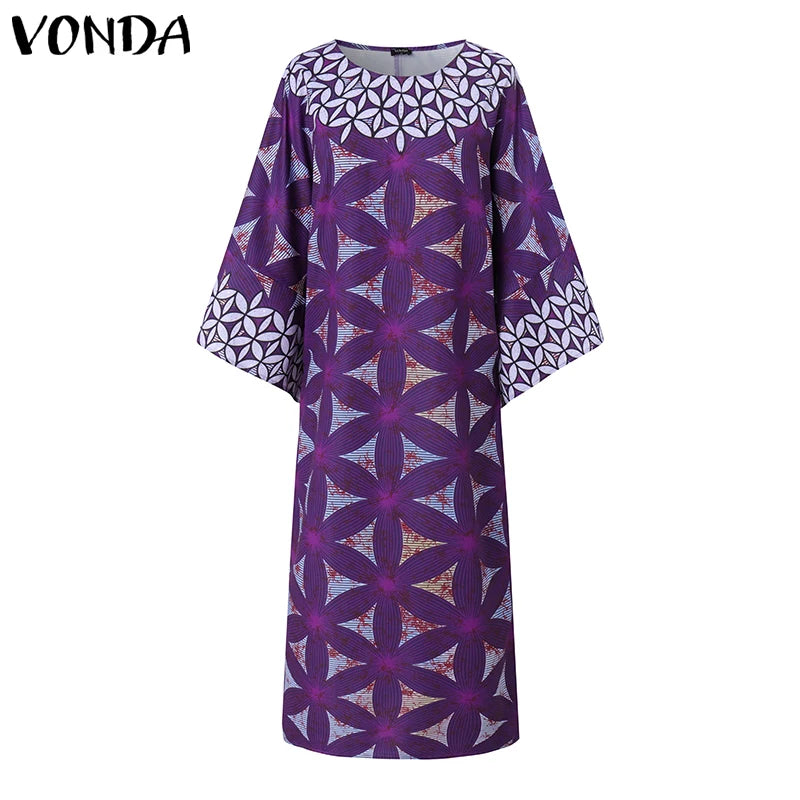 Plus Size 5XL VONDA Women Bohemian Printing Maxi Dress 2025 Vintage Sundress Casual 3/4 Sleeve Party Robe Loose O-Neck Vestidos