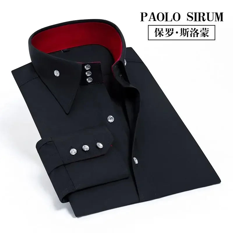 Men's Dress Shirt Autumn Spring Long Sleeve Business Blue Casual Shirts Female Coat Slim-fit Non-ironing Solid Color Black