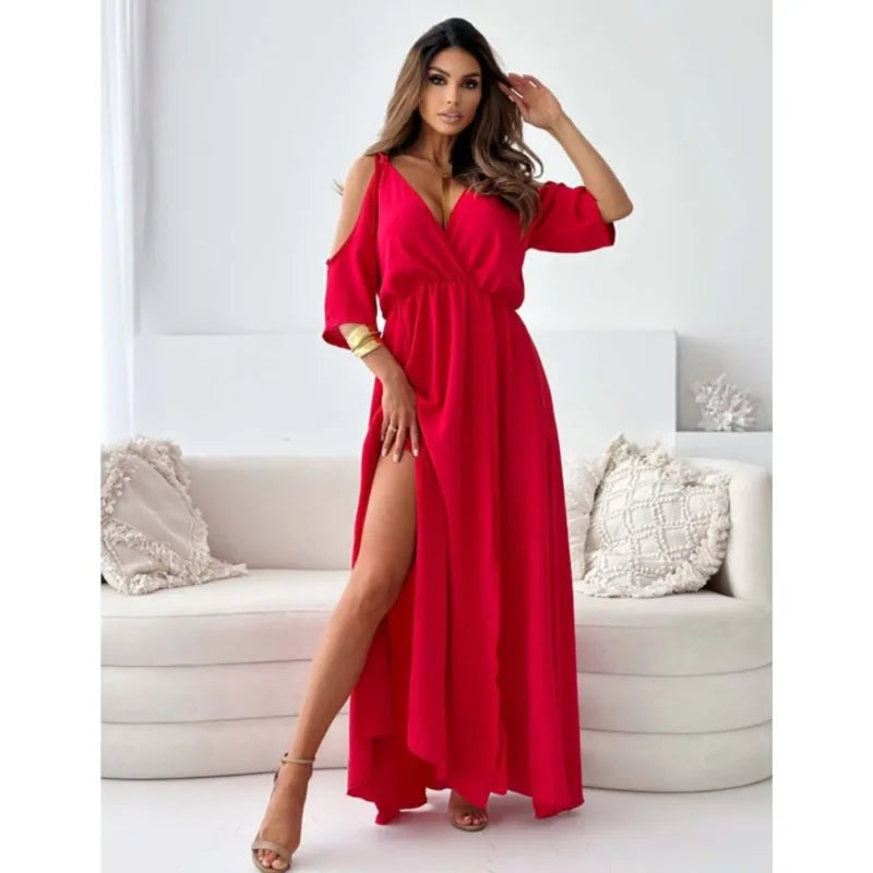 Spring New Women Dress Short Sleeve Elegant Sexy Deep V-neck Hollow Out Solid Color Slit Hem Slim Dresses 2025 Vestidos For Lady