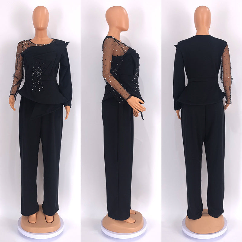 CM.YAYA Vintage Women Beading Mesh Patchwork Ruffles Fan-shaped Blazer Tops and Pants Suit Two 2 Piece Set Outfits Tracksuit