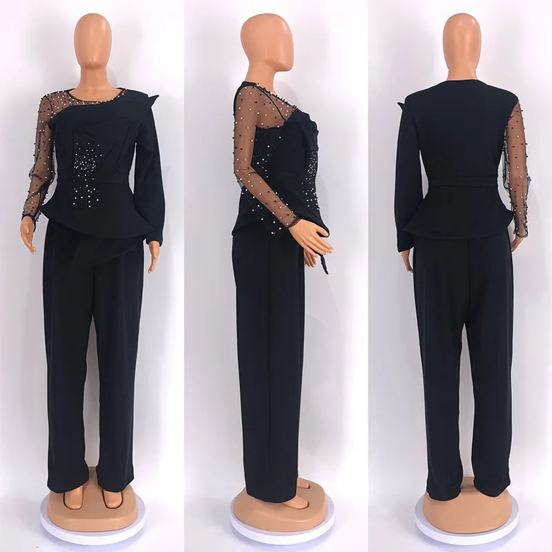 CM.YAYA Vintage Women Beading Mesh Patchwork Ruffles Fan-shaped Blazer Tops and Pants Suit Two 2 Piece Set Outfits Tracksuit