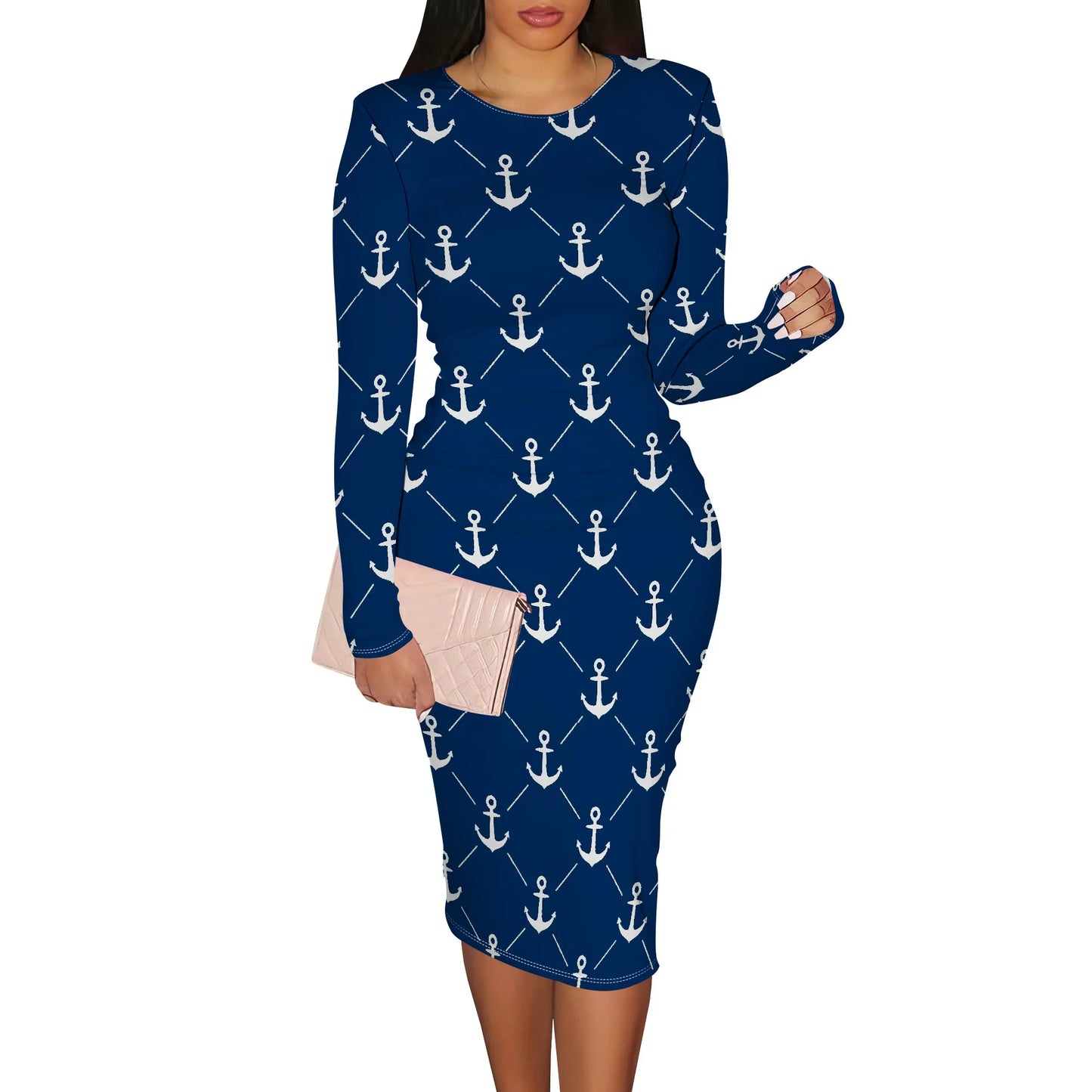 Women's Spring Casual Dress Sexy Slim Pleated Long Sleeve Crew Neck Midi Dress Fashion Out Party Pencil Skirt