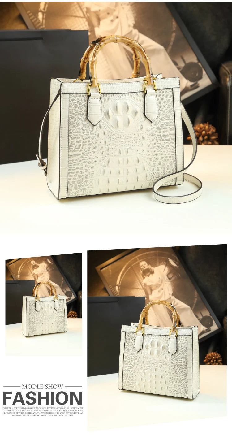 Crocodile Pattern Leather Women's Handbags Bamboo Handle Portable Tote Bag Mom Tide Shoulder Messenger Bags 2025 New Fashion