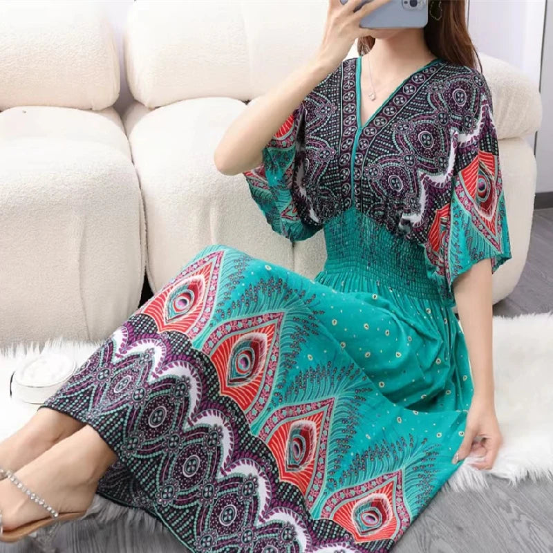 Spring New In Women's Dress V-Neck Short Sleeve Dress Elegant Sweet Print Dress Casual Retro Boho Elastic Waist A-Line Dress
