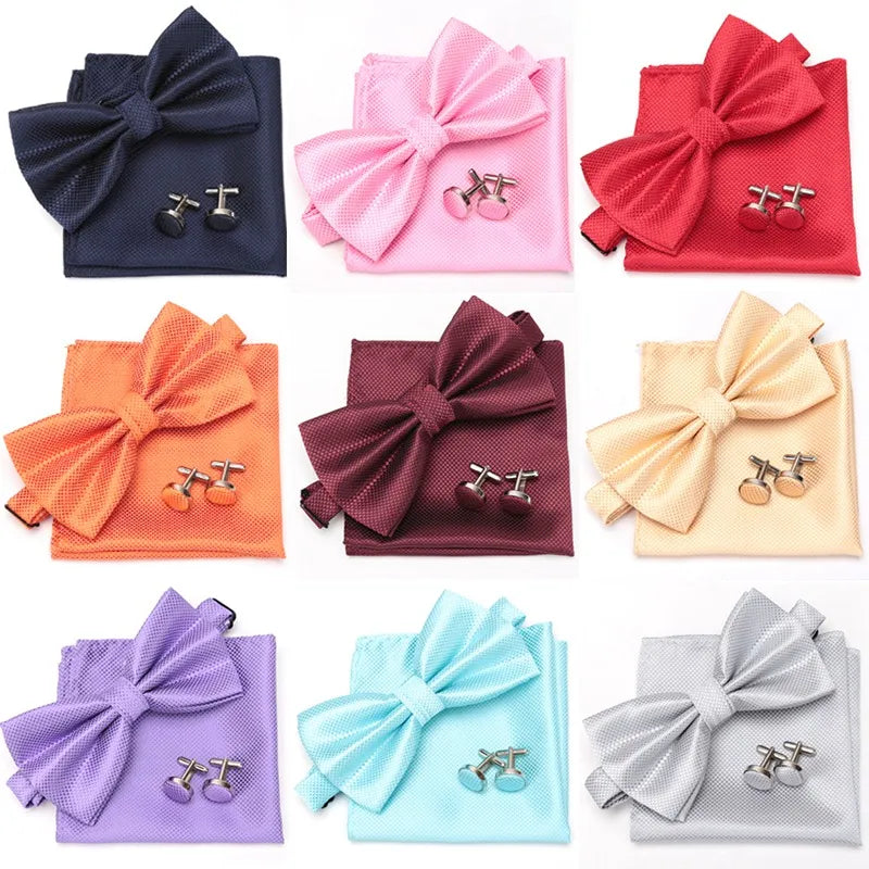 Multicolor Bowtie Pocket Square Cufflinks Sets Classic Solid Color Bowtie Wedding Party Formal Gift Plaids Adjust Neck Bow Tie