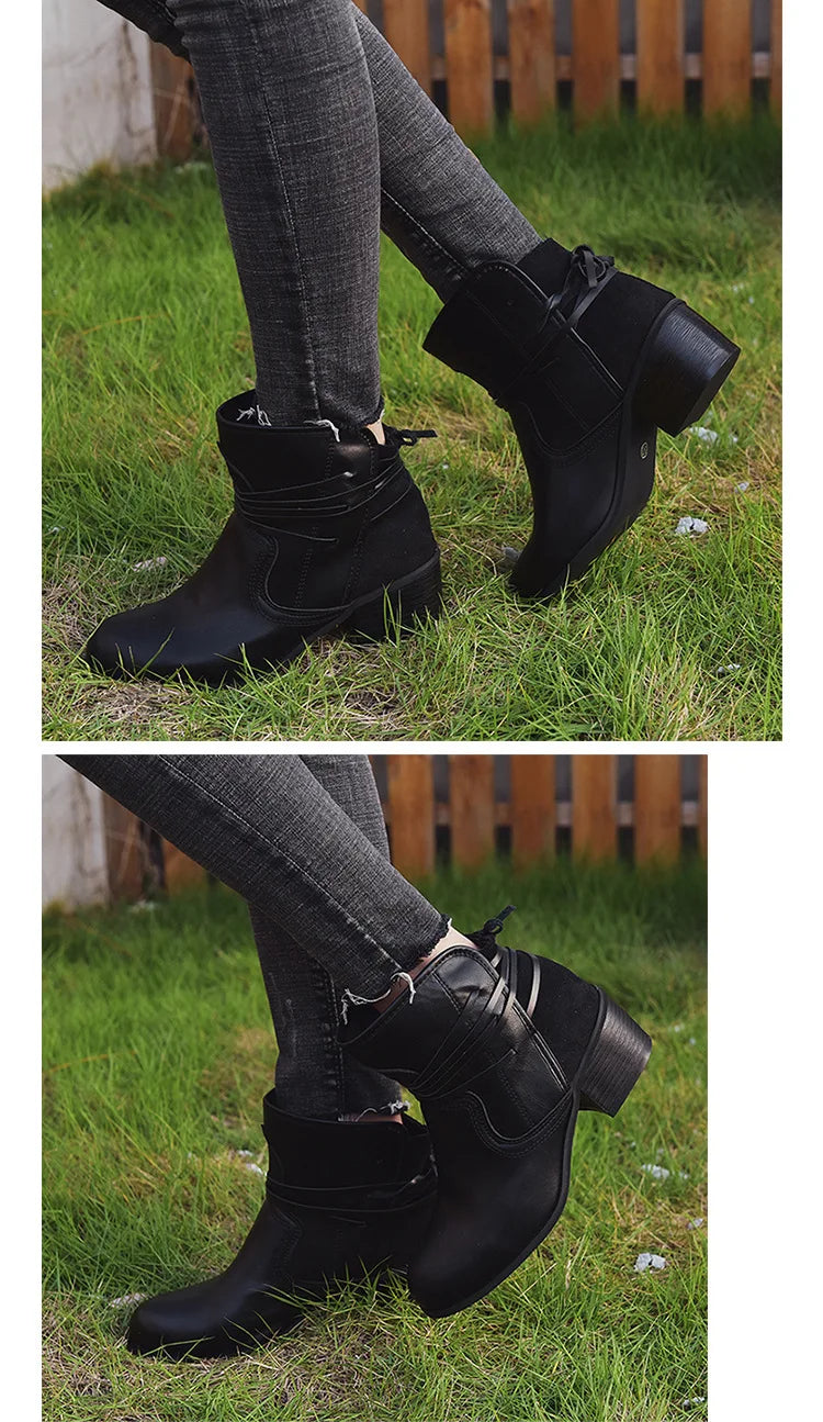 Women Boots 2022 Autumn Vintage Boots Women Chunky Heels Lace-up Booties Heeled Ankle Boots Botas De Mujer