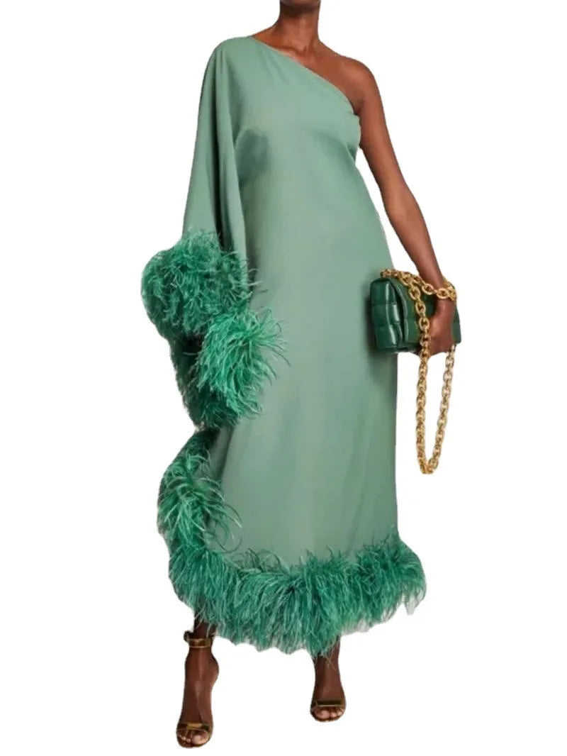 New Spring/Summer New Women's Feather One Shoulder Large Swing Evening Dress