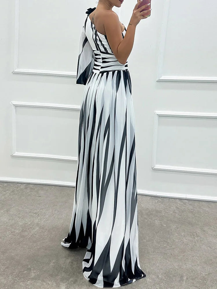 Spring Summer One Off Shoulder Fashion Party Dress, Women Printing Skew Collar Slim Maxi Dress, Long Sleeve Elegant Ladies Dress