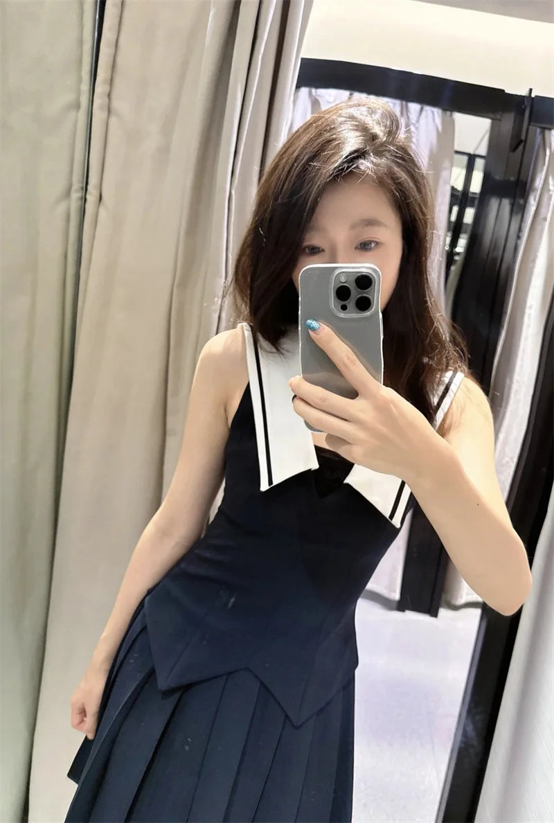 Women's Dresses New Summer 2025 Sailor Suit Style Wide Pleated Cropped Dress Fashionable Color-Blocking Sexy Cute Personality