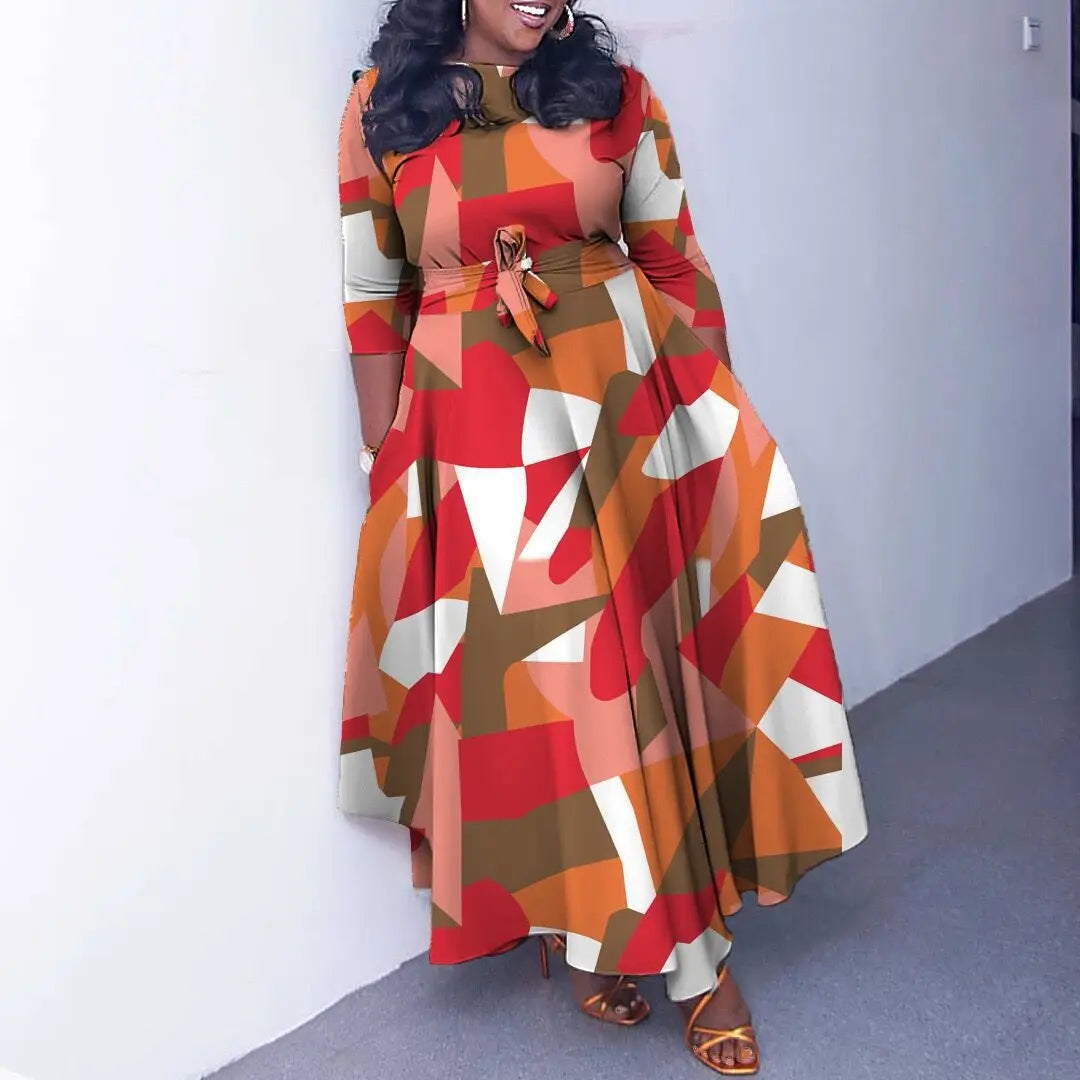 Women's 2024 Autumn New Style Fashionable Elegant Temperament Fashionable Printed Strap Waist Large Skirt Large Size Dress