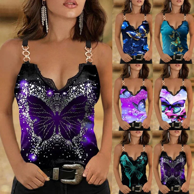 Y2K Clothes 2023 Summer Women's Clothes Casual New Fashion Suspender Sleeveless Loose V-Neck Sexy Butterfly Print Tank Top