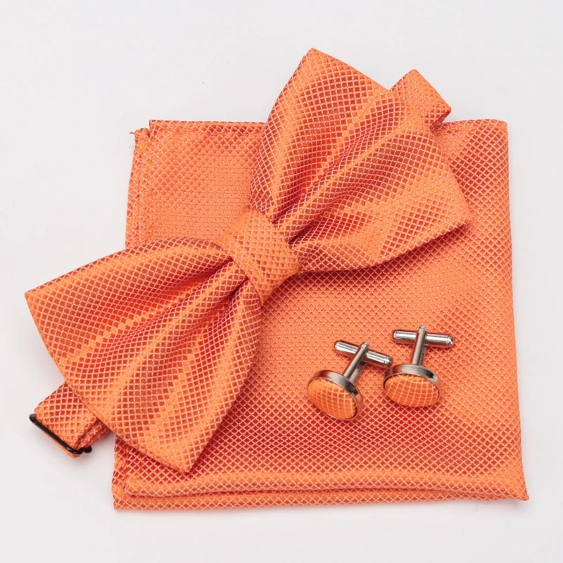 Multicolor Bowtie Pocket Square Cufflinks Sets Classic Solid Color Bowtie Wedding Party Formal Gift Plaids Adjust Neck Bow Tie