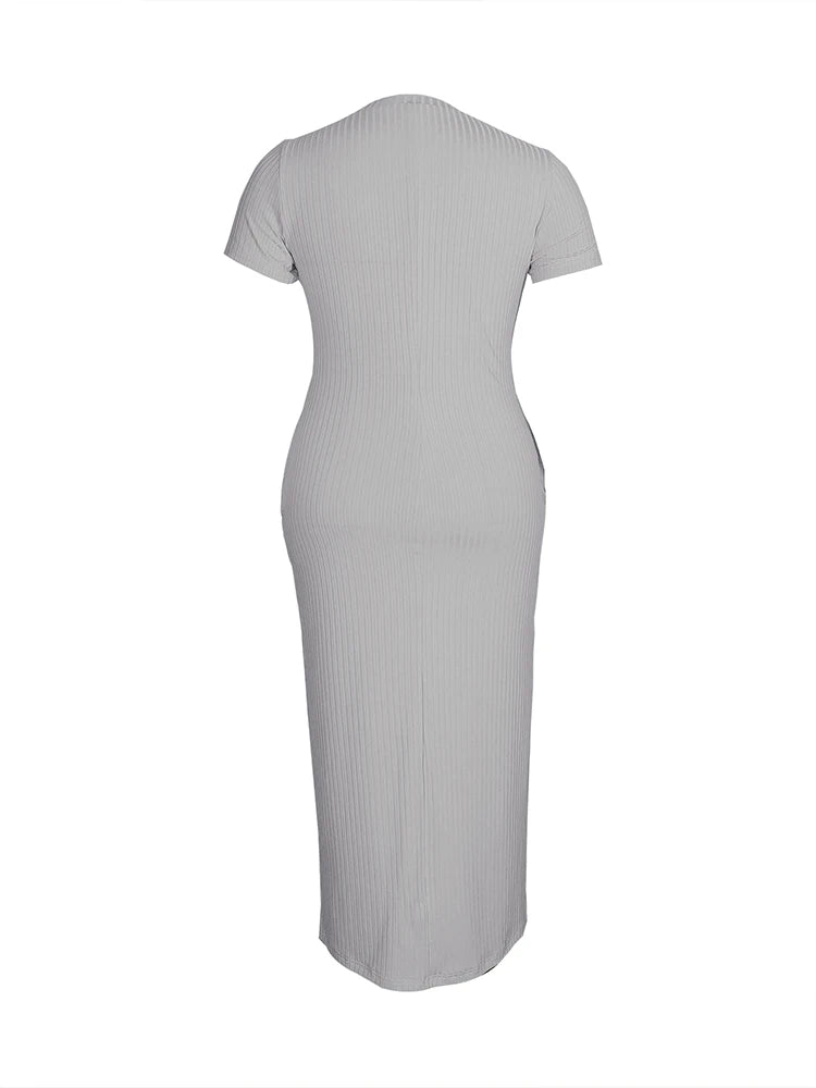 Plus Size 2024 Summer New Round Neck Short Sleeve Slim Hottie Ladies' Stylish Summer Solid Versatile Bodycon Dress