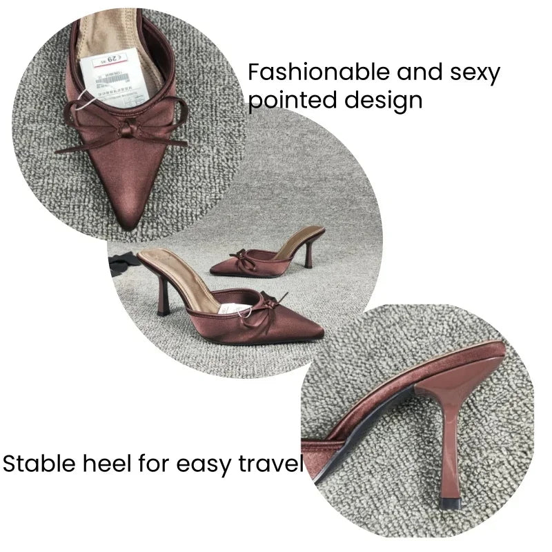 Bow High Heels Slippers Women Pointed Toe Mules Shoes Sexy 2025 Summer Dress Party Stilettos Sandals Woman Slides Trend Pumps