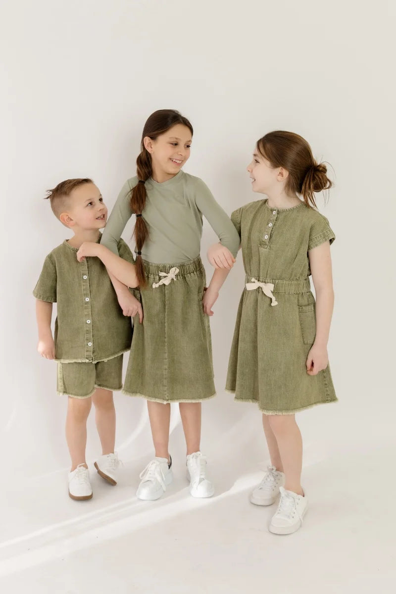 AP 2025 SS washed green denim Fringe collection boys girls fashion cotton jeans dress shirt skirt family clothing