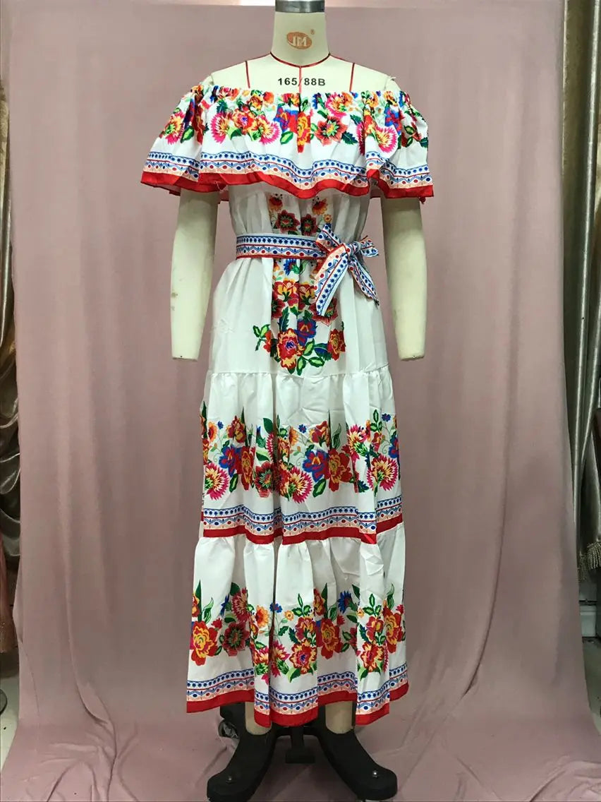 2024 Spring Summer Women's New Sexy One Shoulder Off Shoulder Fashion Red Flower Printed Lace Up Waist Long Swing Dress