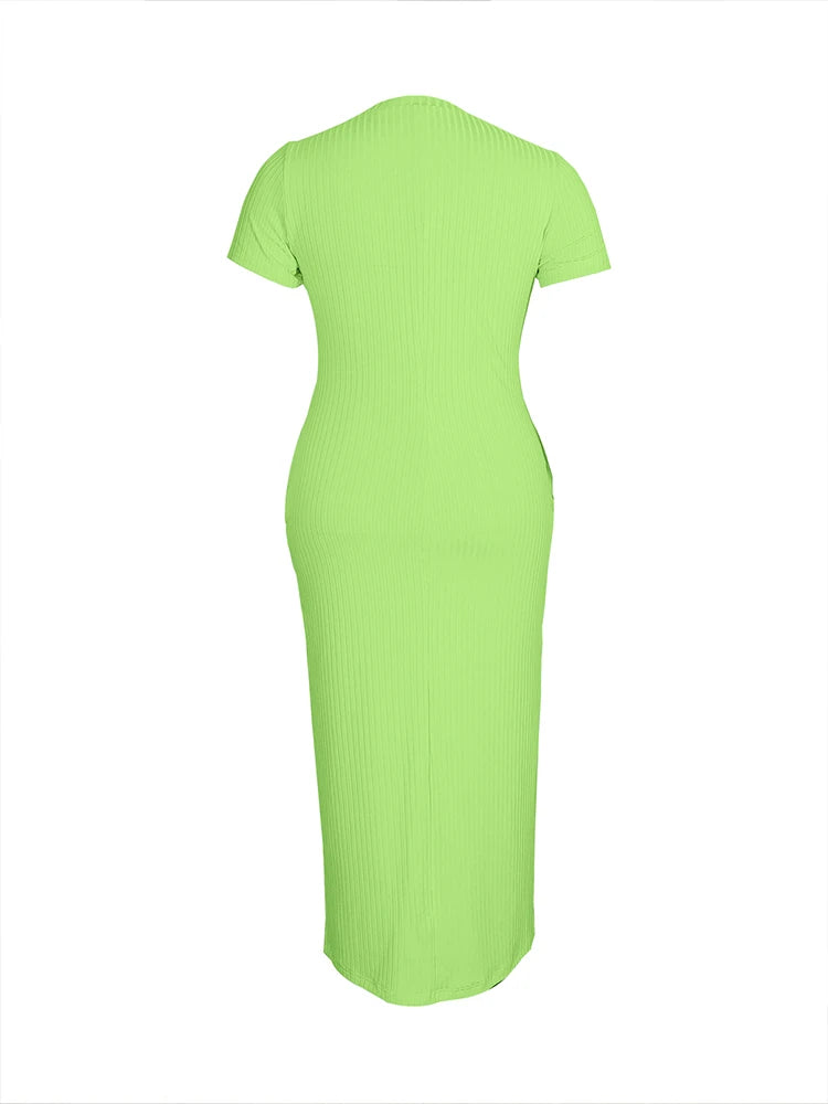 Plus Size 2024 Summer New Round Neck Short Sleeve Slim Hottie Ladies' Stylish Summer Solid Versatile Bodycon Dress