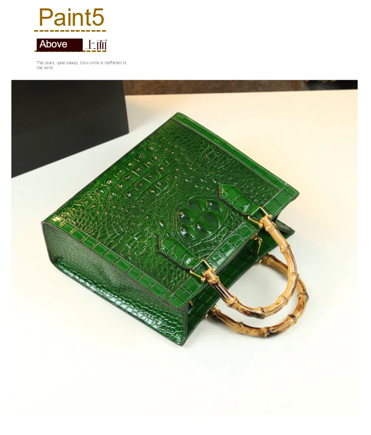 Crocodile Pattern Leather Women's Handbags Bamboo Handle Portable Tote Bag Mom Tide Shoulder Messenger Bags 2025 New Fashion