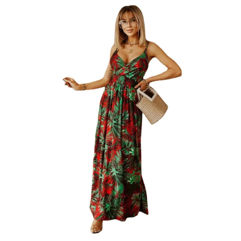 Spring Summer Elegant Women Corset Bohemian Dress Sexy New 2024 Fashion Strap V Neck High Waist Print Long Vacation Dress